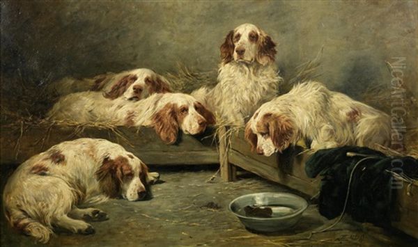 An Unexpected Visitor - Clumber Spaniels In A Kennel Oil Painting by John Emms