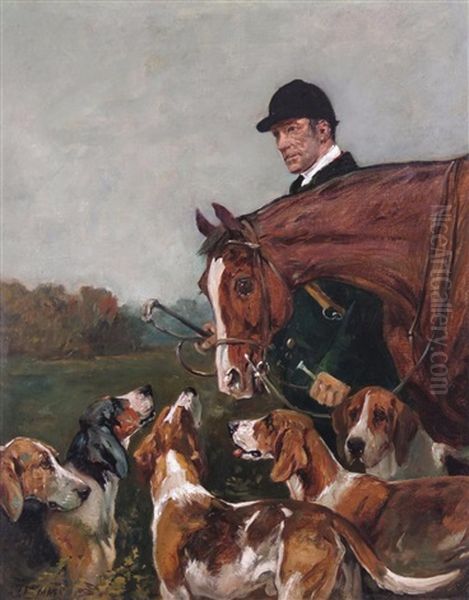 Portrait Of George Wateridge, Master Of The New Forest Buckhounds With A Horse And Hounds Oil Painting by John Emms