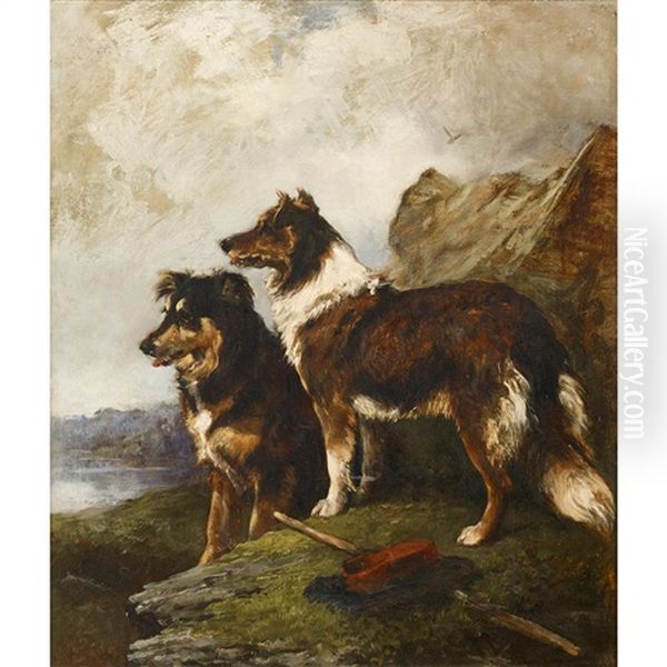 Two Collies Awaiting Their Master Oil Painting by John Emms