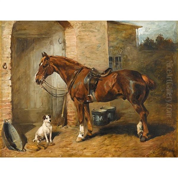 Hunter In Stable Yard With Terrier Oil Painting by John Emms