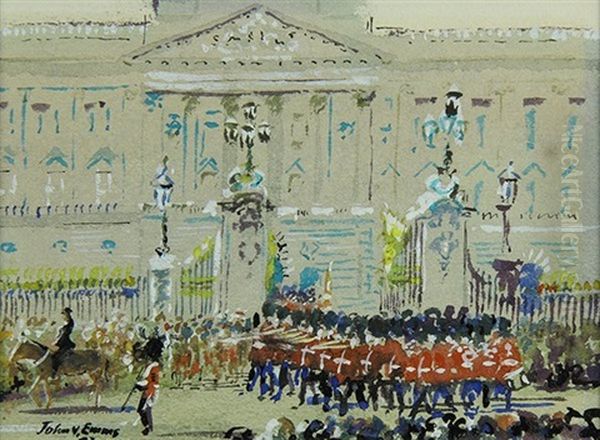 Royal Guards In Front Of Buckingham Palace Oil Painting by John Emms