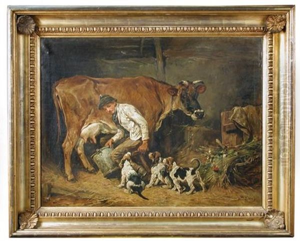 Stealing The Milk, With Hound Puppies, A Milkman And Cow Oil Painting by John Emms