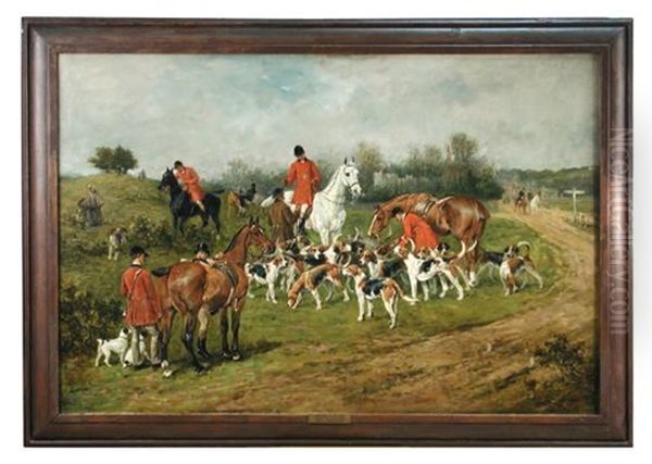 The New Forest Buckhounds Meet At Lyndhurst Bench Oil Painting by John Emms