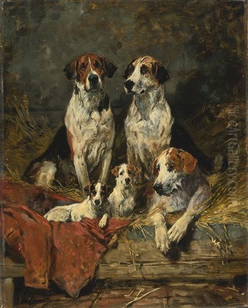 Four Foxhounds And A Terrier Oil Painting by John Emms