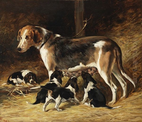 A Foxhound Bitch Feeding Her Pups Oil Painting by John Emms