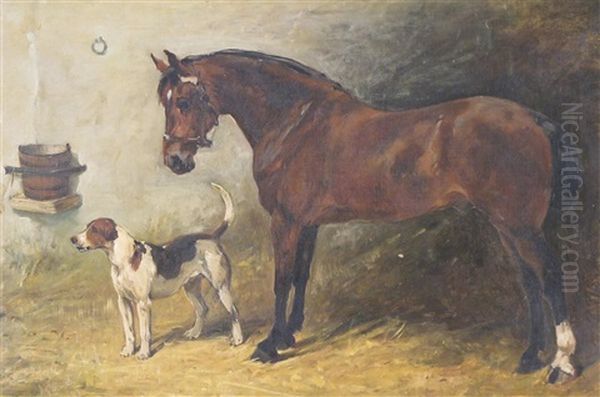 Colonel, A Hunter In A Stable, With A Foxhound Oil Painting by John Emms