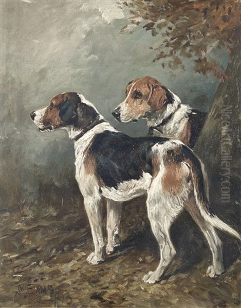 Two Foxhounds In A Landscape Oil Painting by John Emms