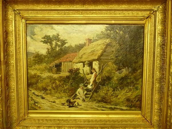 Two Children Feeding Chickens Beside A Thatched Cottage Oil Painting by John Emms