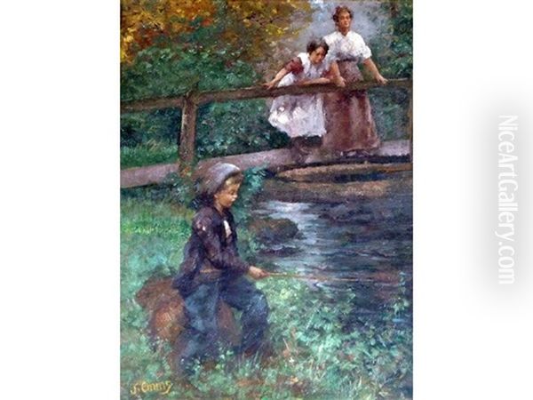 Boy Fishing By A River With Two Women Looking On From A Wooden Bridge Oil Painting by John Emms