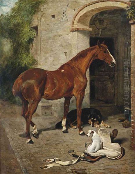 A Chestnut Hunter With A Collie And Jack Russell Before A Stable Oil Painting by John Emms