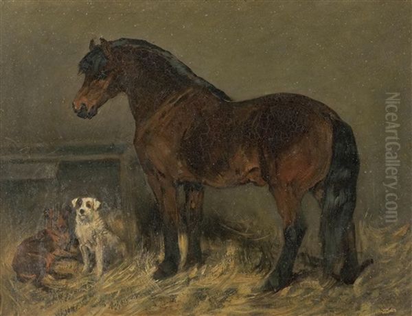 Horse In A Stable With Two Dogs Oil Painting by John Emms