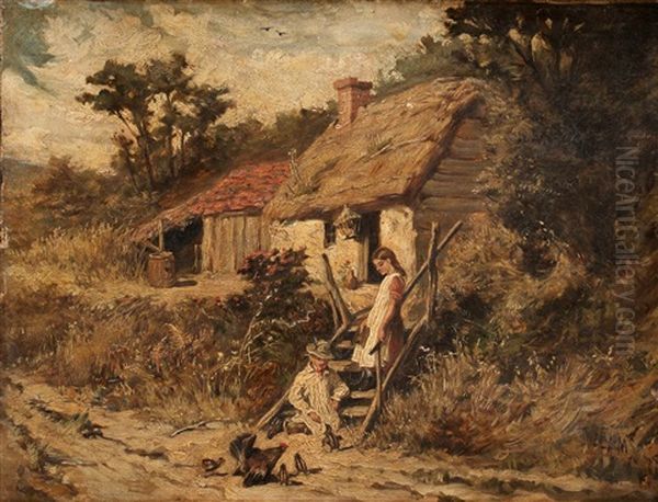 Barn Lekande Med Kycklingar Oil Painting by John Emms