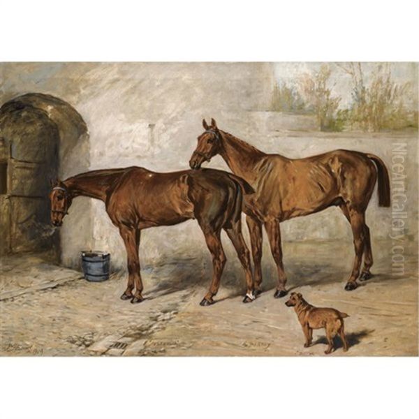 "australia", "barney" And "doctor" In A Stable Yard Oil Painting by John Emms