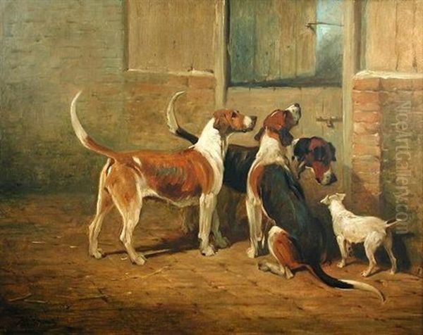 Hounds Waving Their Sterns, With A Lakeland Terrier By A Stable Door Oil Painting by John Emms