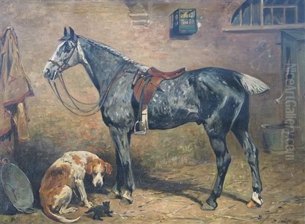 Villager And Buckler - A Grey Hunter, A Hound And A Kitten In A Stable Oil Painting by John Emms