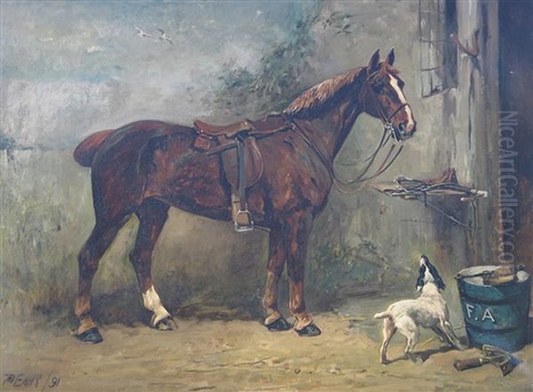 Windermere -  A Chestnut Hunter And A Dog By A Stable Oil Painting by John Emms