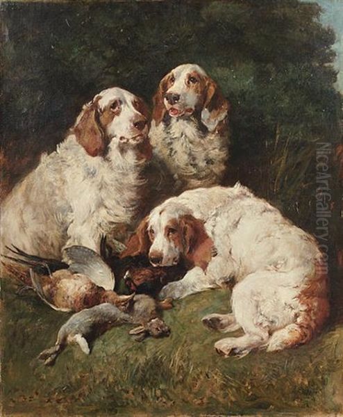 Clumber Spaniels With Game In A Landscape Oil Painting by John Emms