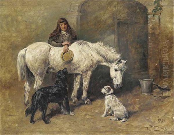 A Young Girl With A Pony And Dogs In A Courtyard Oil Painting by John Emms