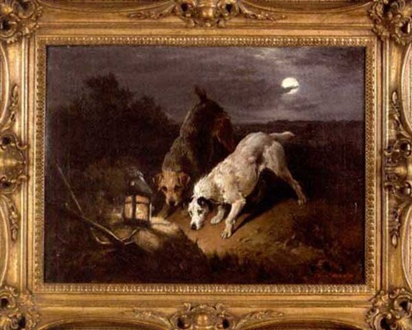 Two Terriers On A Night Hunt Oil Painting by John Emms