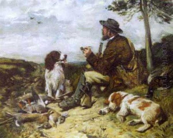 A Hunter And His Dogs At Rest After A Kill Oil Painting by John Emms