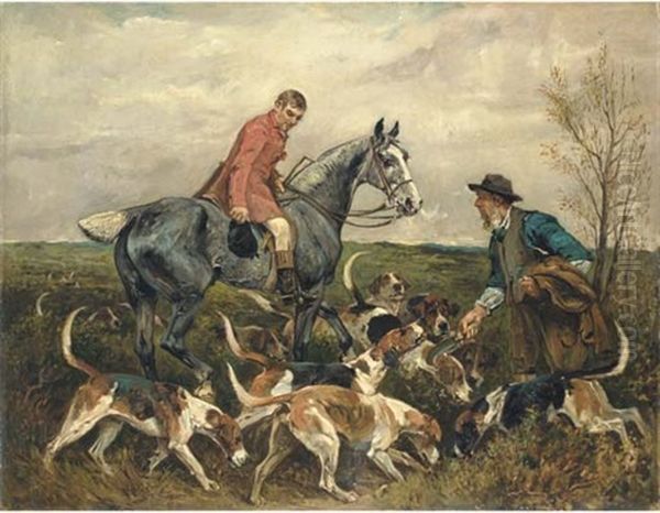 A Huntsman On Horseback With Foxhounds Greeting A Hedger In A Landscape Oil Painting by John Emms