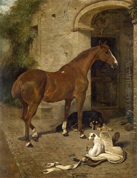 A Bay Hunter With A Collie And A Jack Russell Outside A Stable Oil Painting by John Emms