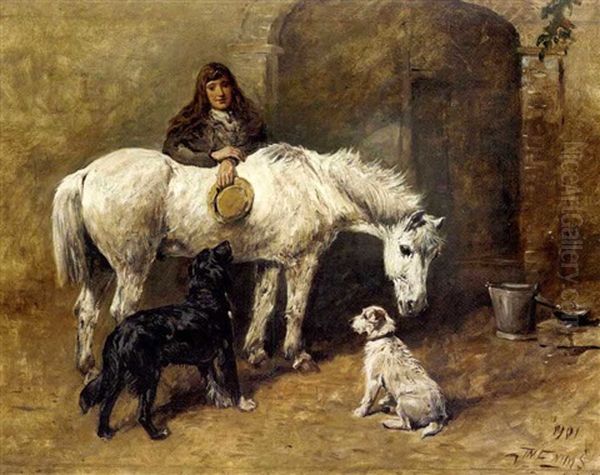 A Young Girl With A Pony And Dogs In A Courtyard Oil Painting by John Emms