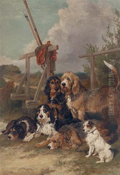 Otter Hounds And A Terrier By A Bridge - Tired Out Oil Painting by John Emms