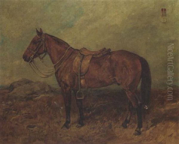 A Saddled Chestnut Hunter In A Landscape Oil Painting by John Emms