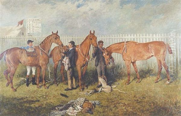 The Dumfrieshire Hunt Point To Point 1890, Meadow Street, Winner, With Jockey, Groom, Two Other Horses And A Groom Oil Painting by John Emms