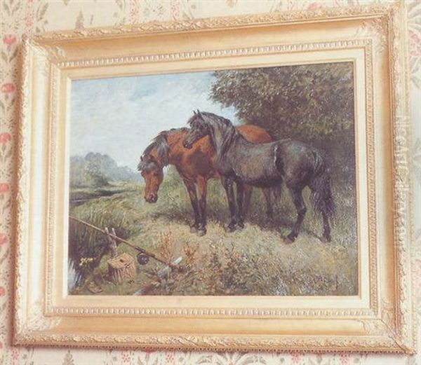 Ponies On A Riverbank Standing By A Rod And Creel Oil Painting by John Emms