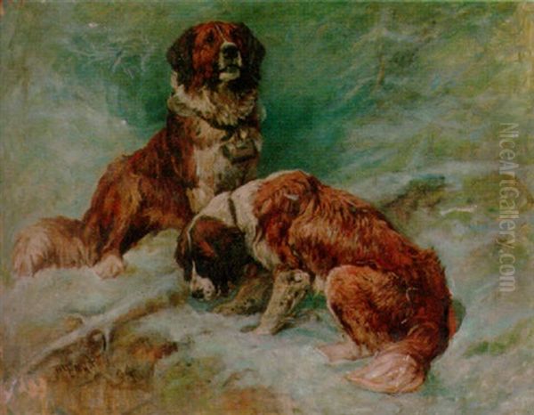 A Pair Of St. Bernards In A Winter Landscape Oil Painting by John Emms