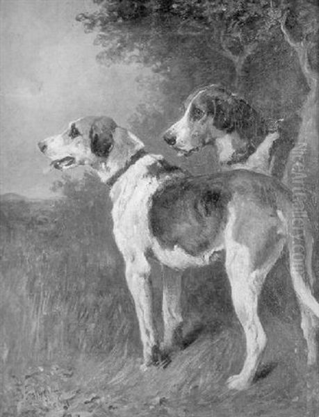 Two Fox Hounds In A Landscape Oil Painting by John Emms