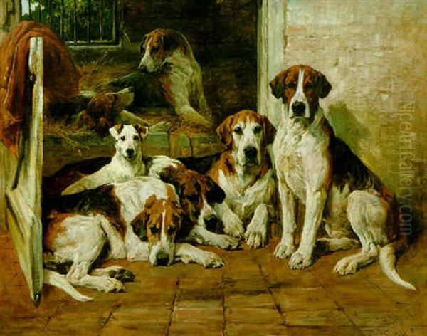 Hours Of Idleness - Foxhounds And A Terrier In A Kennel Oil Painting by John Emms