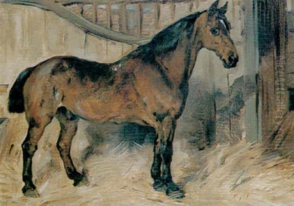 A Bay Carriage Horse In A Loosebox Oil Painting by John Emms