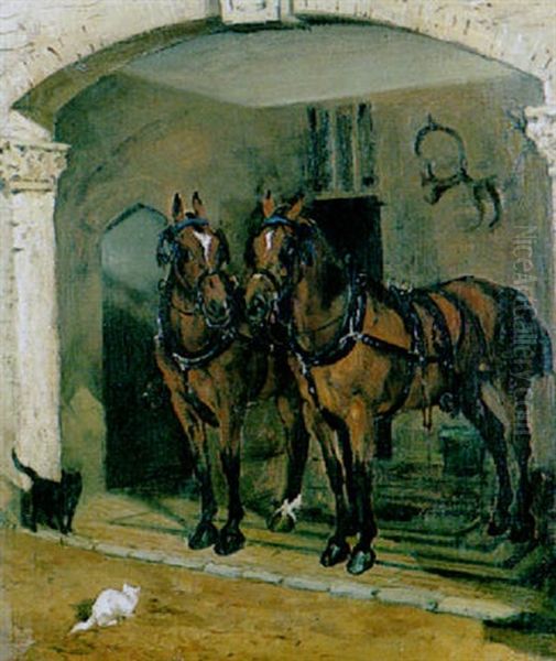 A Bay Carriage Horse In A Loosebox Oil Painting by John Emms