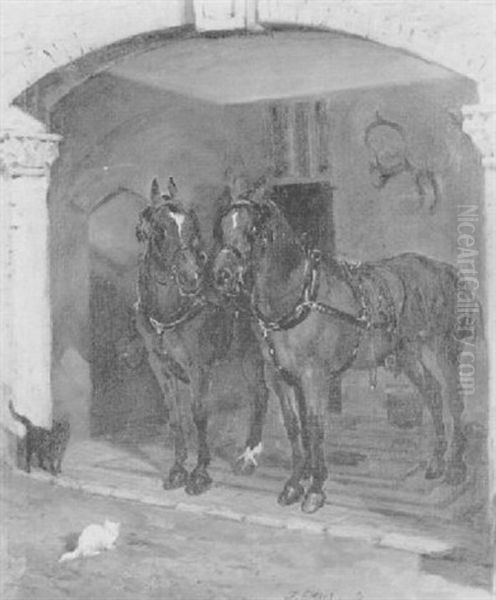 Two Bay Carriage Horses Before A Stable Oil Painting by John Emms