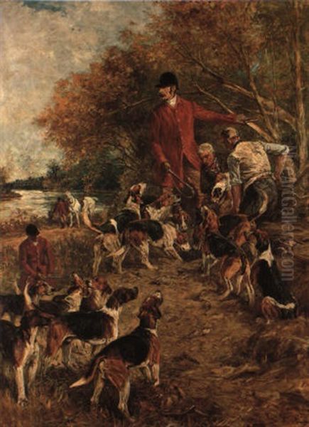 Huntsman And Hunt Staff At Earth With Hounds And A Terrier Oil Painting by John Emms