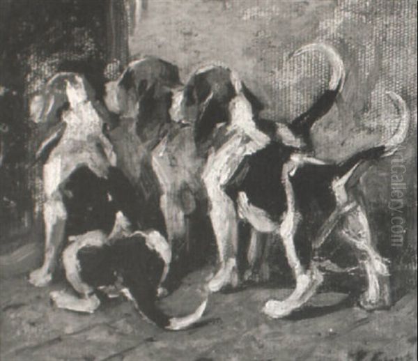 Foxhound Puppies Oil Painting by John Emms