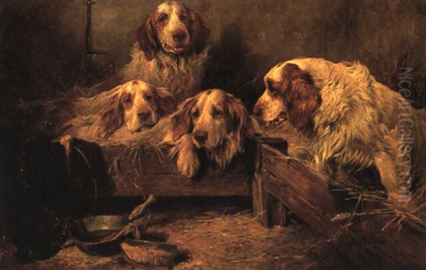 Spaniels In A Stable Oil Painting by John Emms