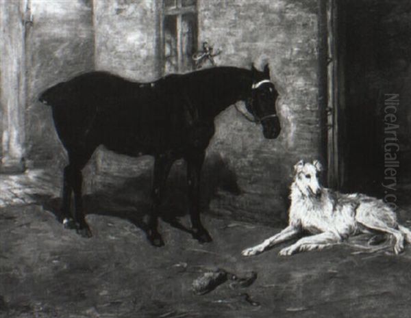 Bay Hunter And A Borzoi Outside A Stable Door Oil Painting by John Emms