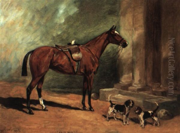 'arab Maid': A Bay Hunter With Two Foxhounds, 'prompter' And 'bashful' Oil Painting by John Emms