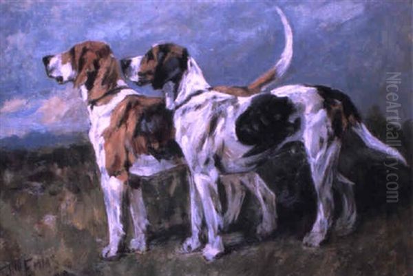 A Couple Of Foxhounds Oil Painting by John Emms