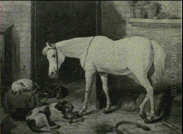 A Grey Pony With Resting Hounds Before A Stable Oil Painting by John Emms