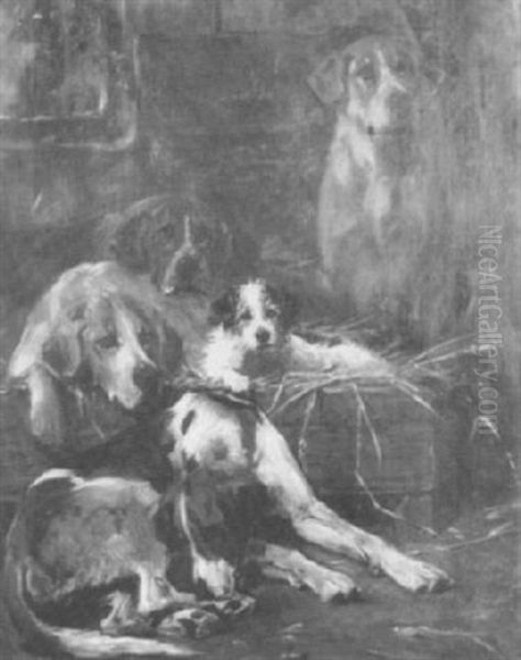 Hounds With A Terrier In A Barn Oil Painting by John Emms