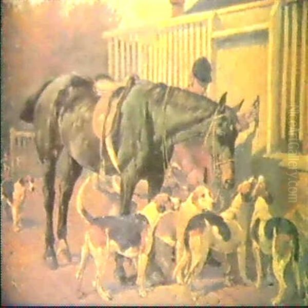 Huntsman, Bay Hunter And Foxhounds Outside A Kennel Oil Painting by John Emms