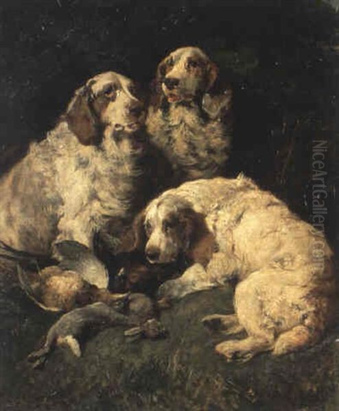 Spaniels And Dead Game Oil Painting by John Emms