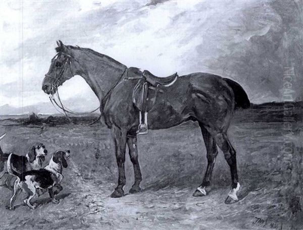 A Bay Pony And Beagels Oil Painting by John Emms