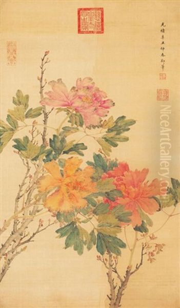 Peony Oil Painting by  Emperor Guangxu