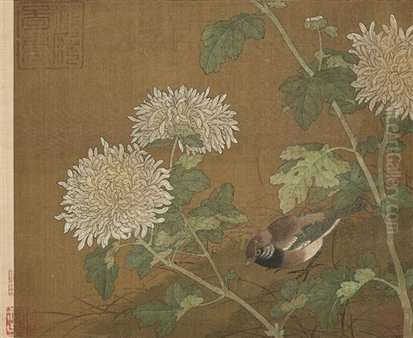 Chrysanthemum And Sparrow Oil Painting by  Emperor Huizong